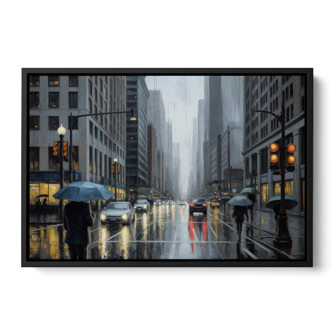 Chicago Rainy Streets in Monochrome Front - Black Canvas Wall Art