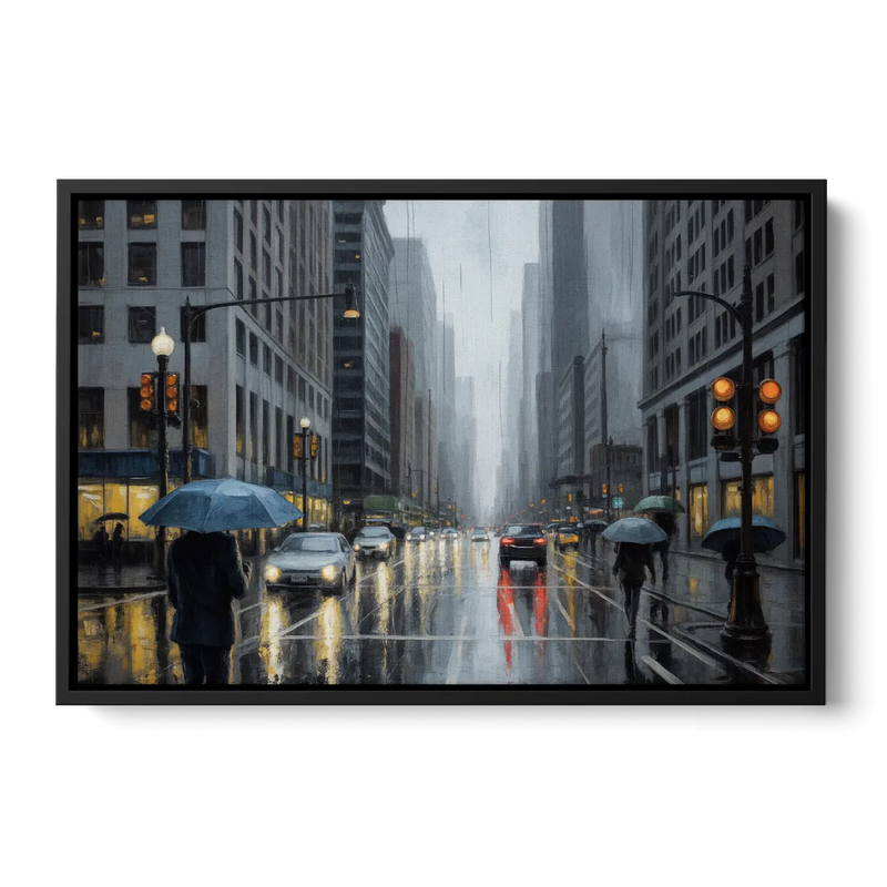 Chicago Rainy Streets in Monochrome Front - Black Canvas Wall Art
