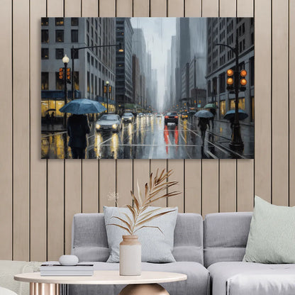 Chicago Rainy Streets in Monochrome Sitting Room - Canvas Wall Art