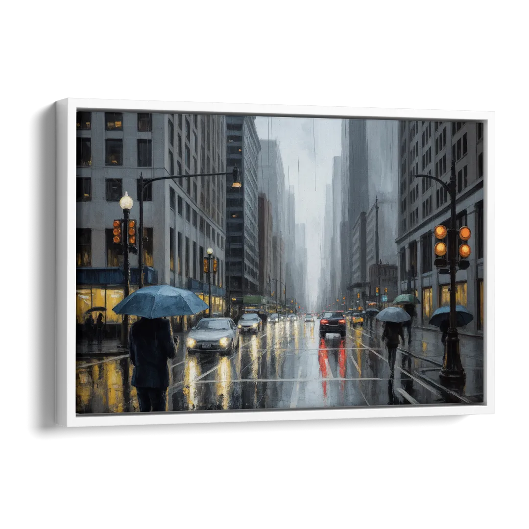 Chicago Rainy Streets in Monochrome Side - White Canvas Wall Art