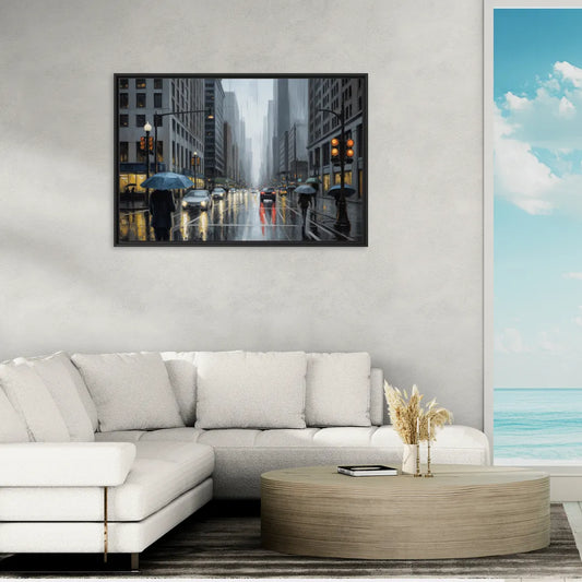 Chicago Rainy Streets in Monochrome - Living Room Black Frame Canvas