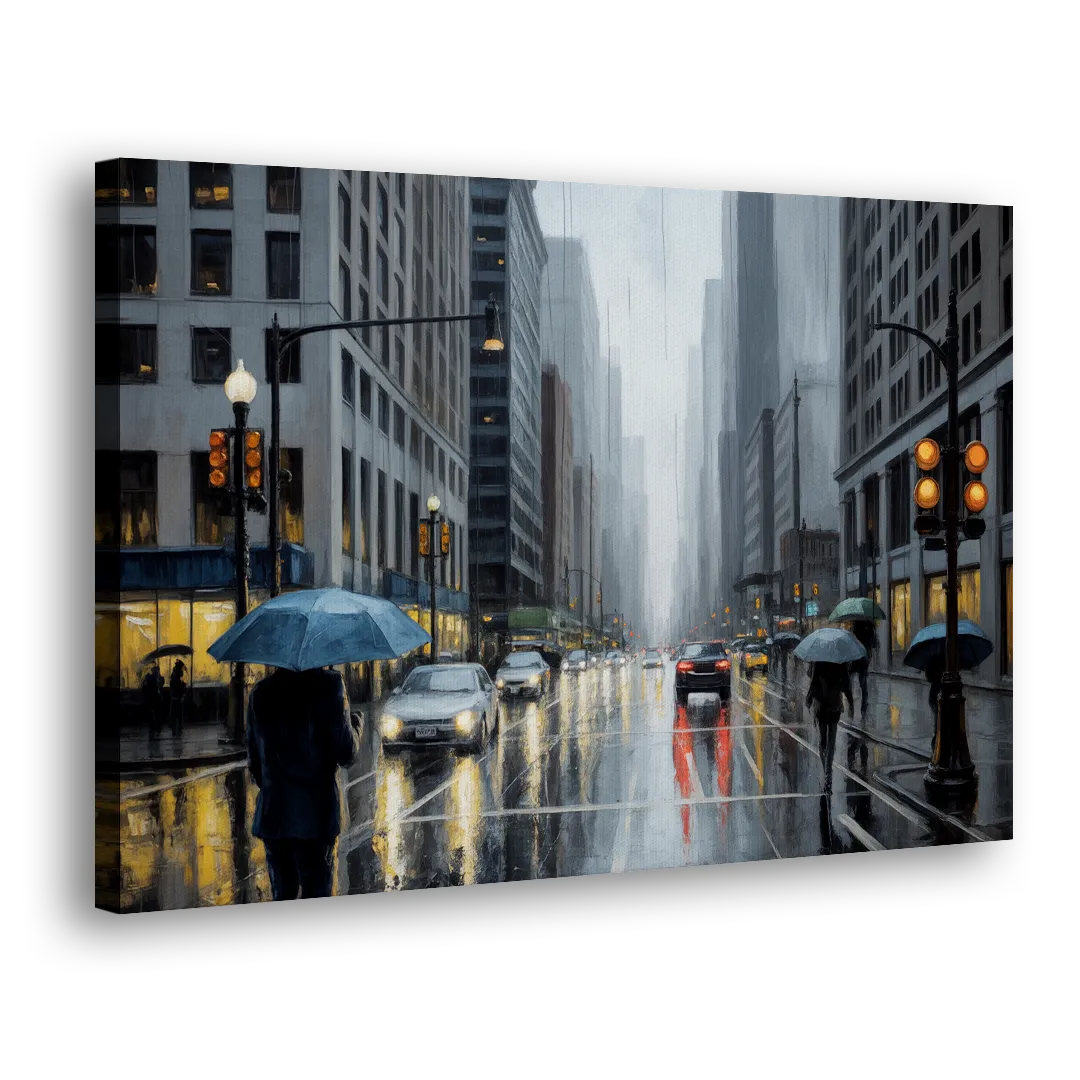 Chicago Rainy Streets in Monochrome Side - Canvas Wall Art