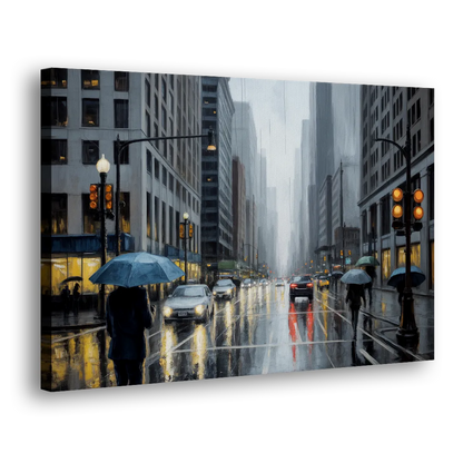 Chicago Rainy Streets in Monochrome Side - Canvas Wall Art