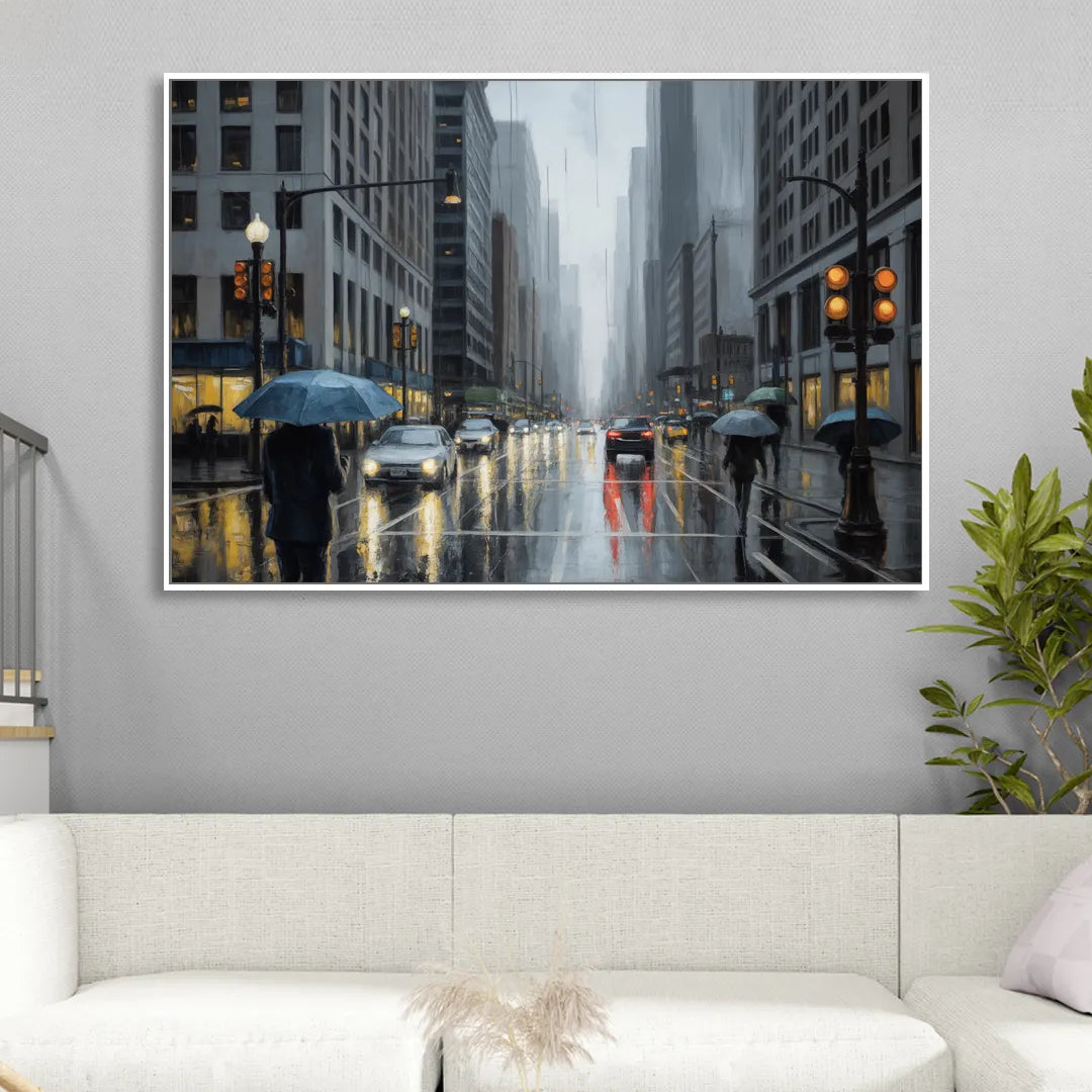Chicago Rainy Streets in Monochrome Sitting Room - White Canvas Wall Art