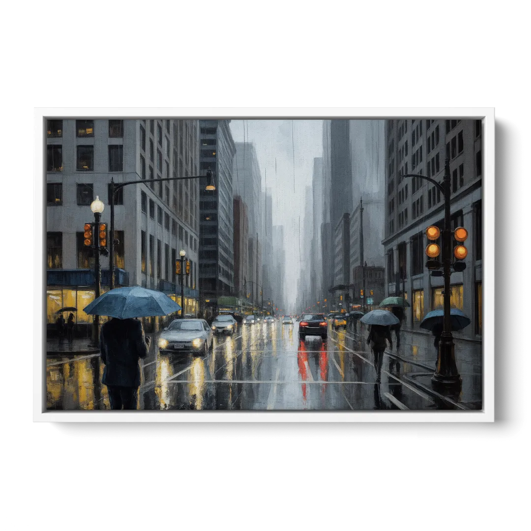 Chicago Rainy Streets in Monochrome - White Frame Canvas