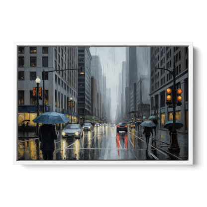 Chicago Rainy Streets in Monochrome - White Frame Canvas