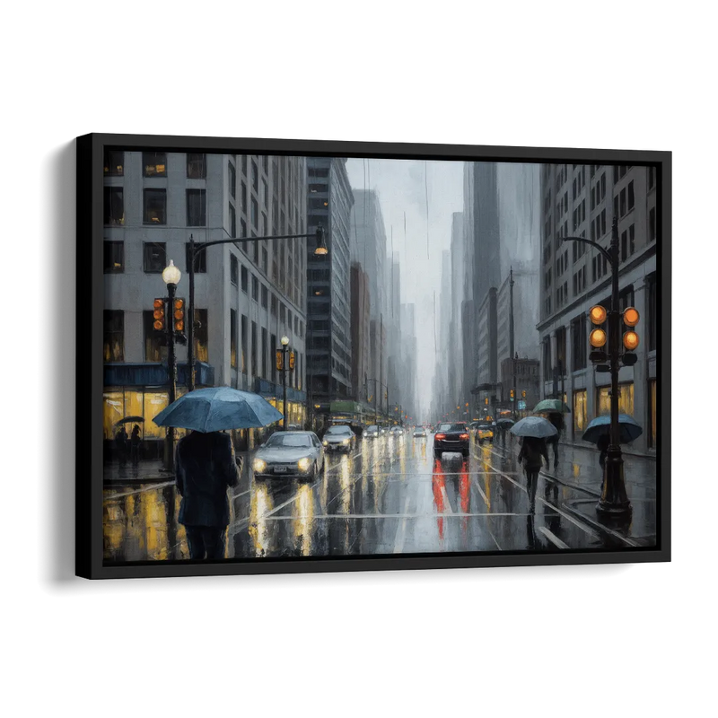 Chicago Rainy Streets in Monochrome Side - Black Canvas Wall Art