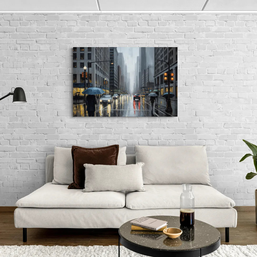 Chicago Rainy Streets in Monochrome - Canvas Wall Art Living Room