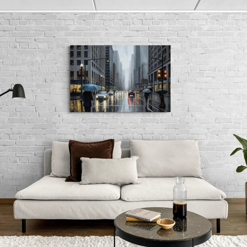 Chicago Rainy Streets in Monochrome - Canvas Wall Art Living Room