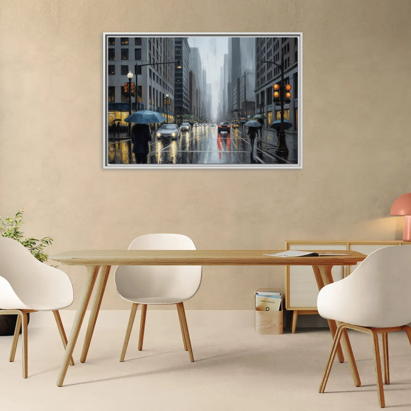 Chicago Rainy Streets in Monochrome - Living Room White Frame Canvas