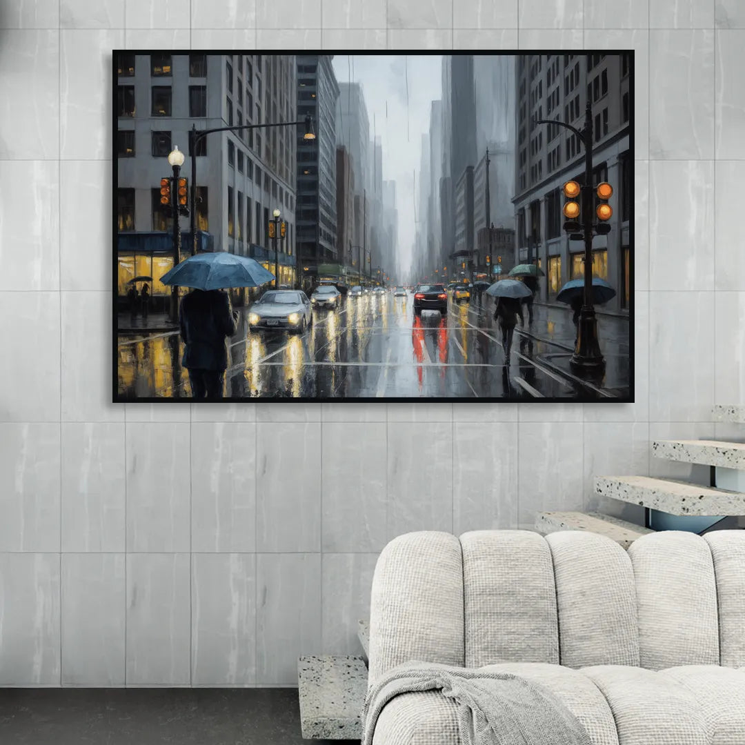 Chicago Rainy Streets in Monochrome Sitting Room - Black Canvas Wall Art