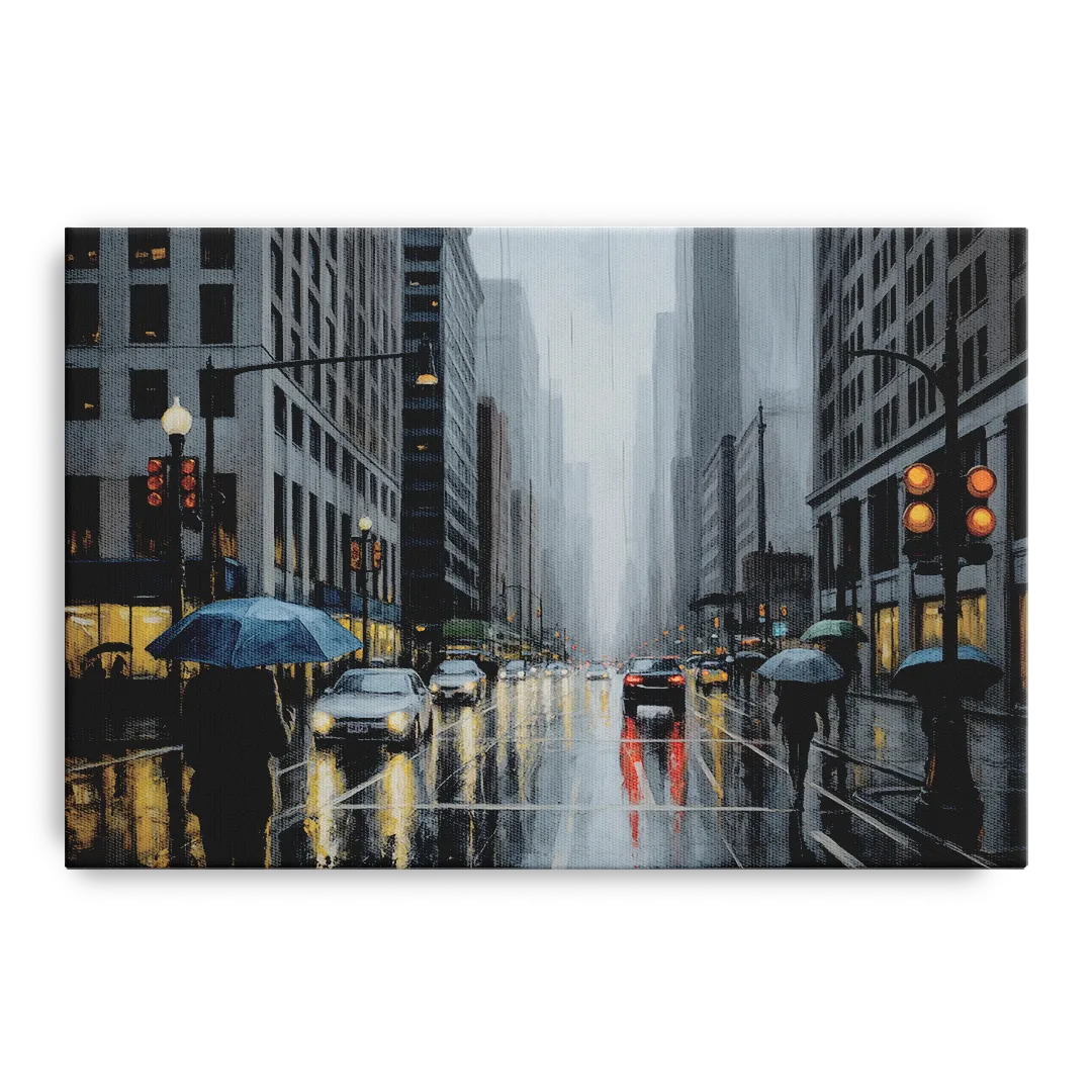 Chicago Rainy Streets in Monochrome Front - Canvas Wall Art