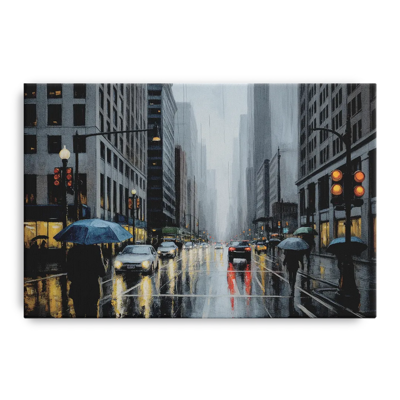 Chicago Rainy Streets in Monochrome Front - Canvas Wall Art