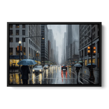 Chicago Rainy Streets in Monochrome - Black Frame Canvas