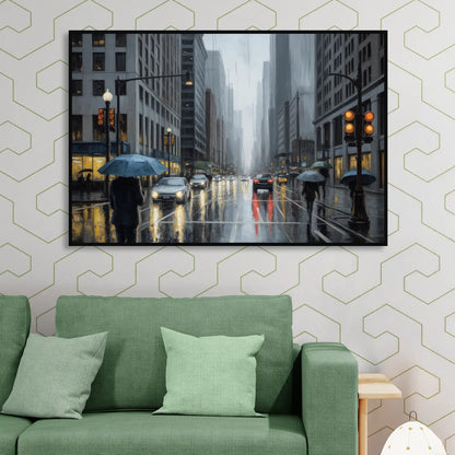 Chicago Rainy Streets in Monochrome Living Room - Black Canvas Wall Art