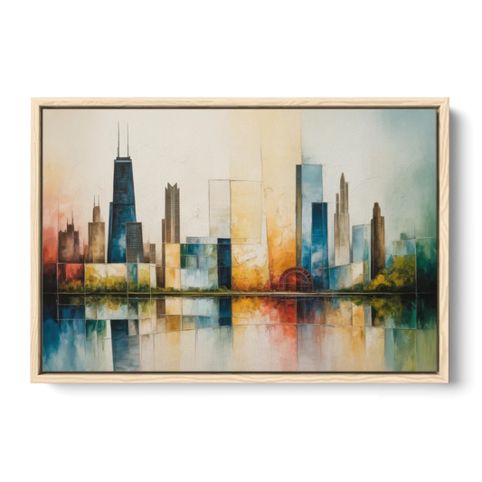Chicago Retro Travel Poster - Oak Framed Canvas Wall Art - Front