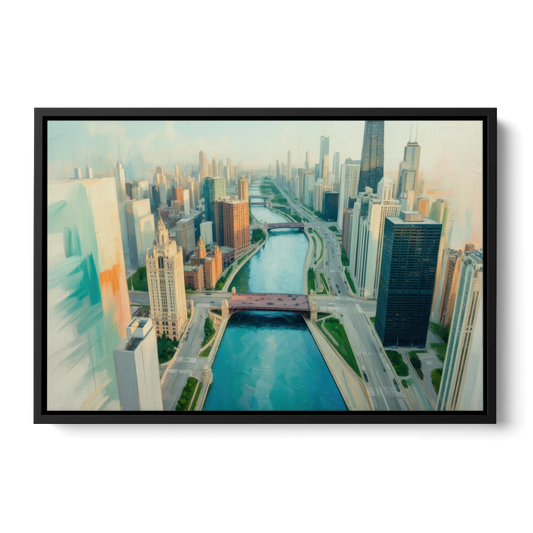 Chicago River Abstract Map - Black Framed Canvas Wall Art - Front