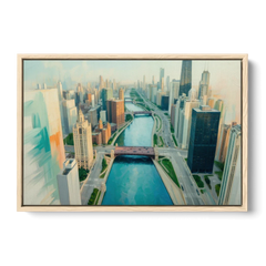Chicago River Abstract Map - Oak Framed Canvas Wall Art - Front