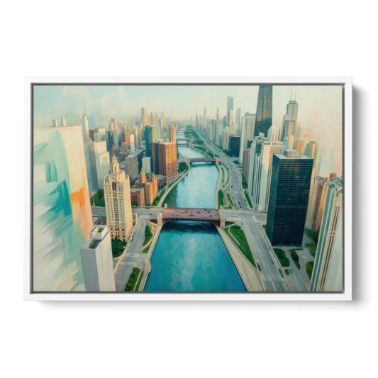 Chicago River Abstract Map - White Framed Canvas Wall Art - Front