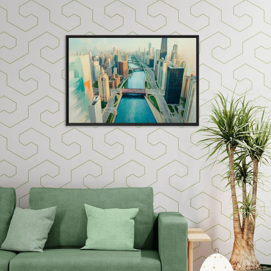 Chicago River Abstract Map - Living Room Black Frame Canvas