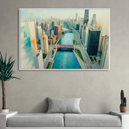 Chicago River Abstract Map Living Room - White Canvas Wall Art