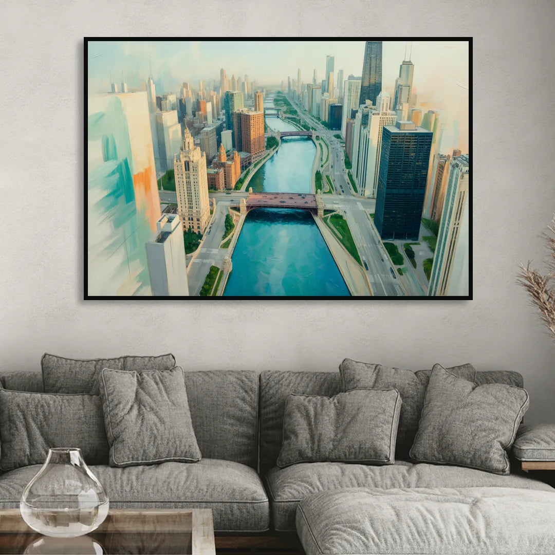 Chicago River Abstract Map Sitting Room - Black Canvas Wall Art