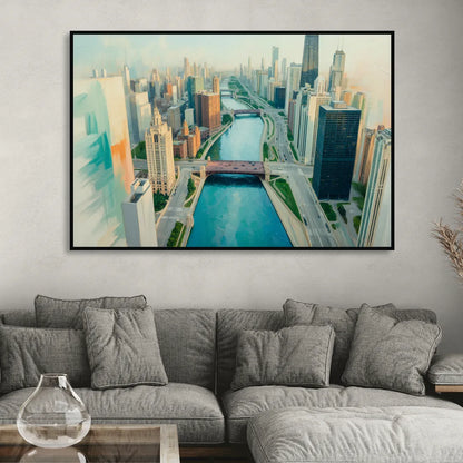 Chicago River Abstract Map Sitting Room - Black Canvas Wall Art