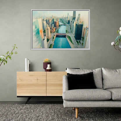 Chicago River Abstract Map - Living Room White Frame Canvas