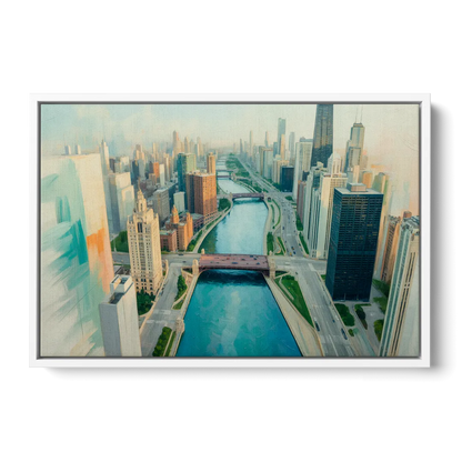 Chicago River Abstract Map Front - White Canvas Wall Art