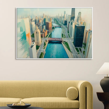Chicago River Abstract Map Sitting Room - White Canvas Wall Art
