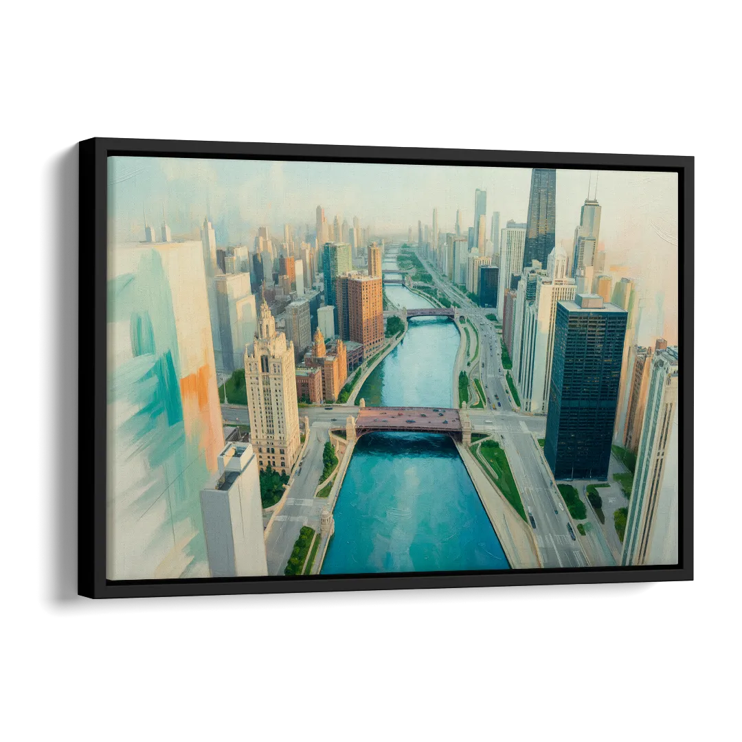 Chicago River Abstract Map Side - Black Canvas Wall Art