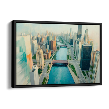 Chicago River Abstract Map Side - Black Canvas Wall Art