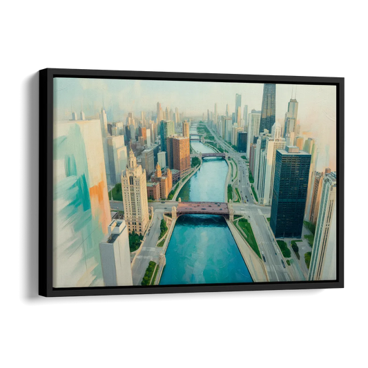 Chicago River Abstract Map Side - Black Canvas Wall Art