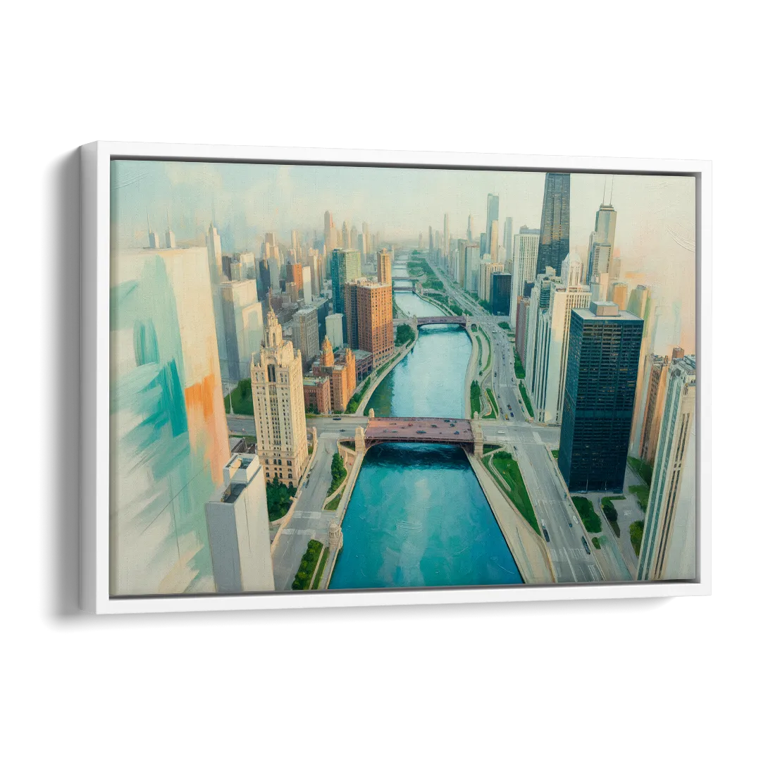 Chicago River Abstract Map Side - White Canvas Wall Art