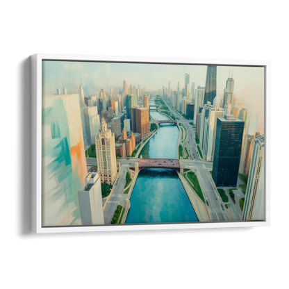 Chicago River Abstract Map Side - White Canvas Wall Art