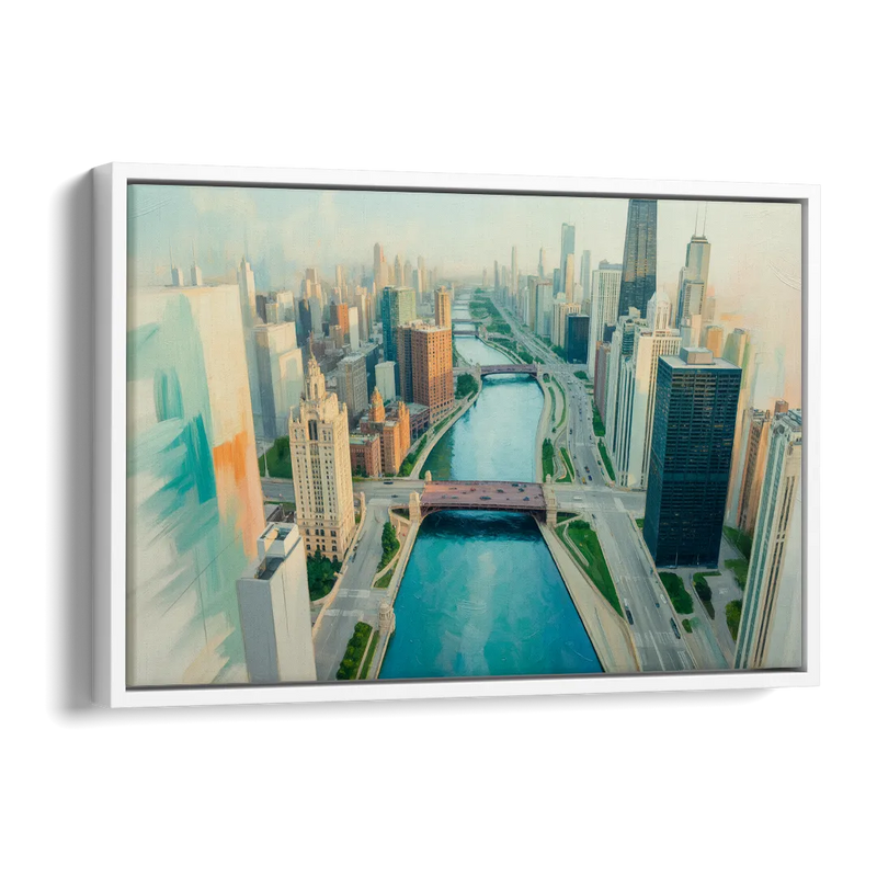 Chicago River Abstract Map Side - White Canvas Wall Art