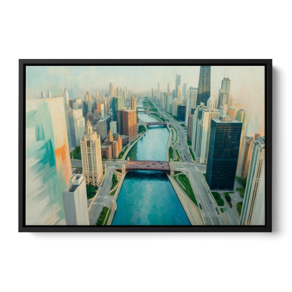 Chicago River Abstract Map Front - Black Canvas Wall Art