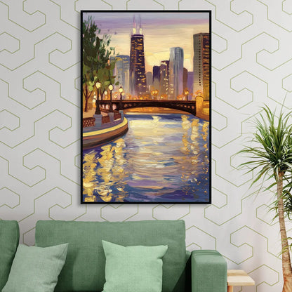 Chicago Riverwalk Charm Living Room - Black Canvas Wall Art