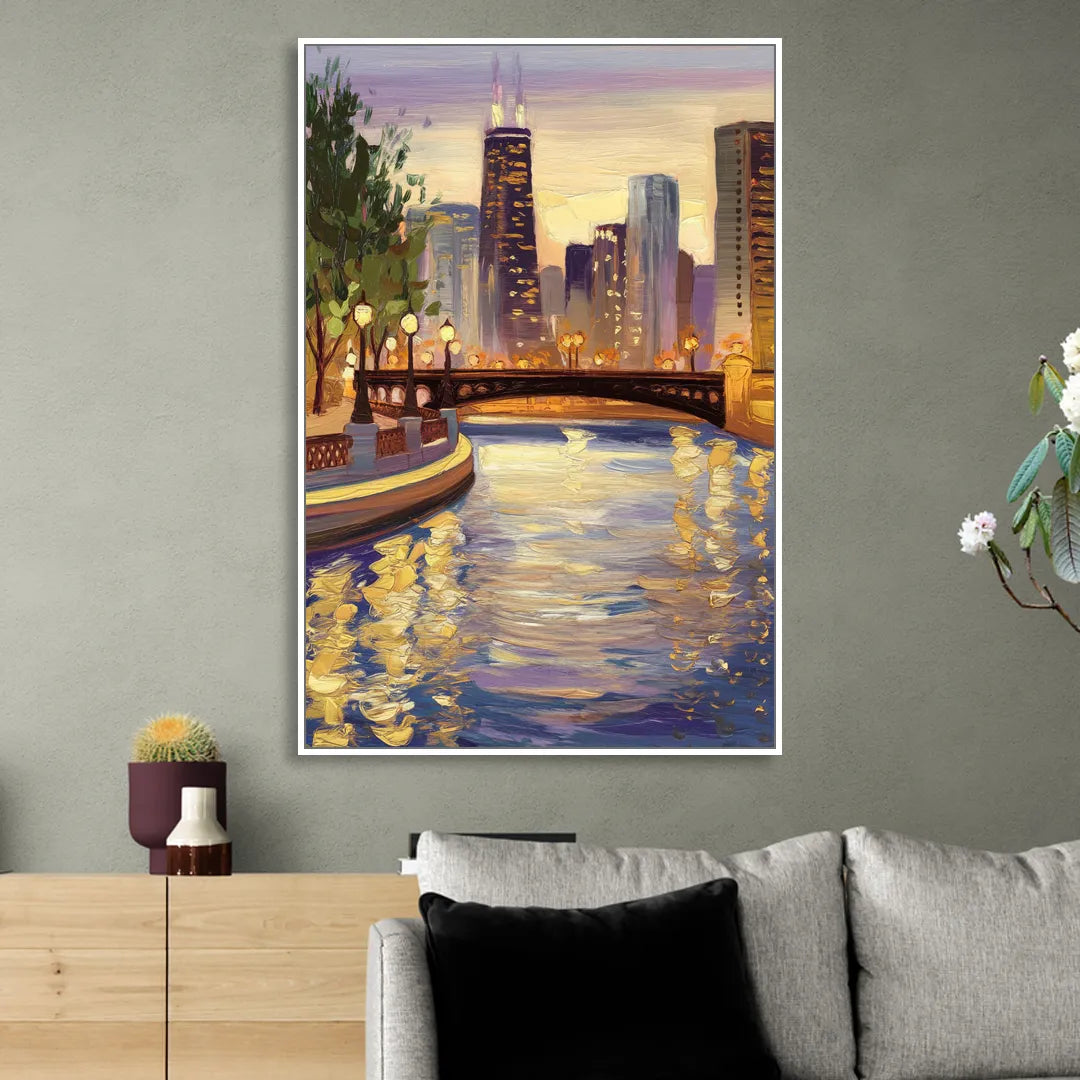 Chicago Riverwalk Charm Living Room - White Canvas Wall Art