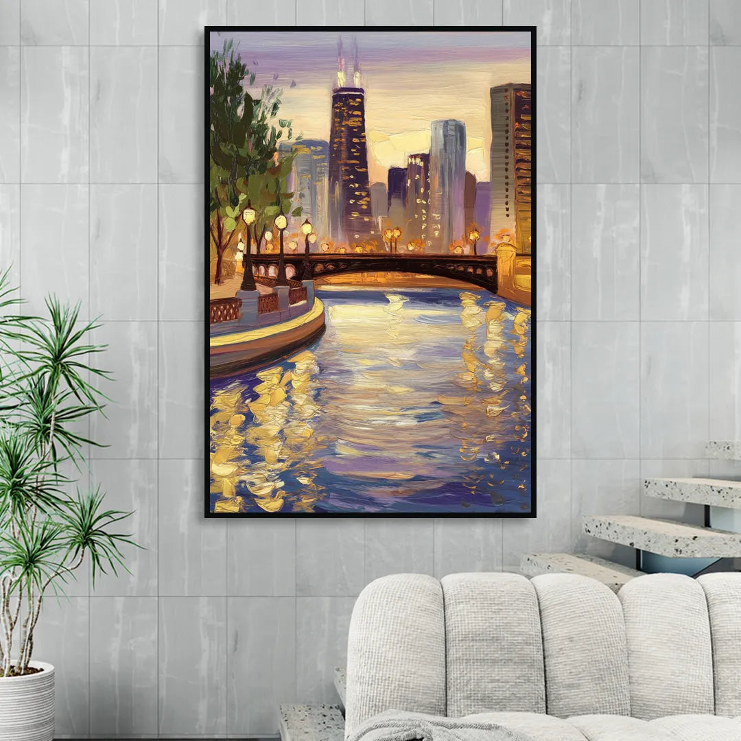 Chicago Riverwalk Charm Sitting Room - Black Canvas Wall Art