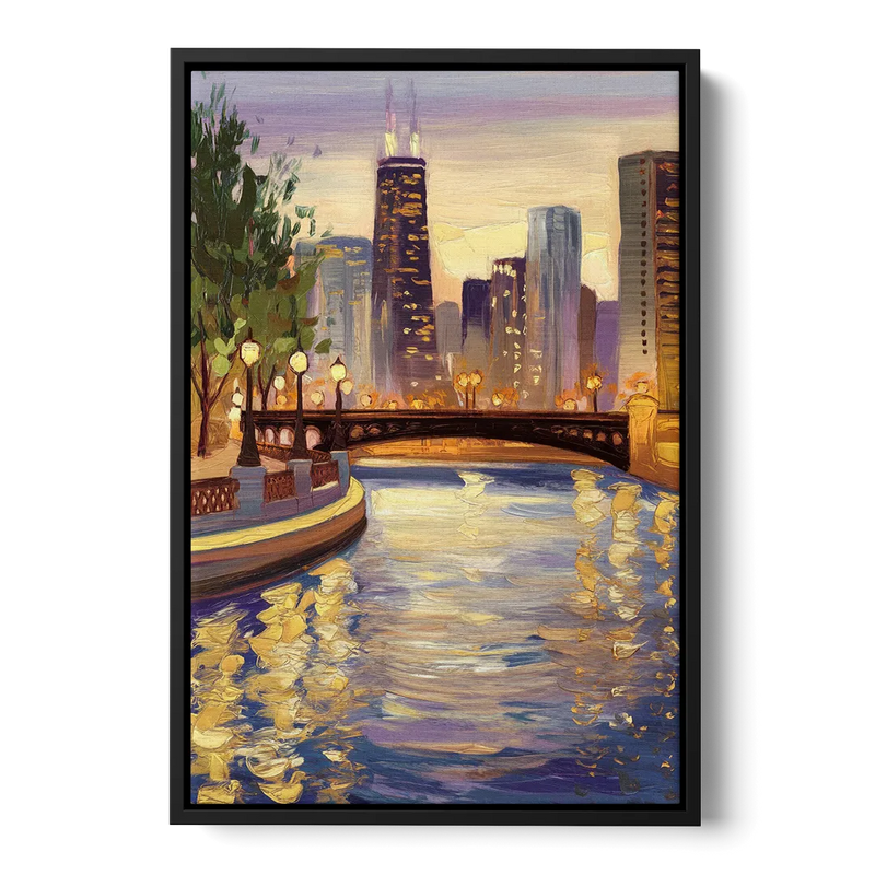 Chicago Riverwalk Charm Front - Black Canvas Wall Art