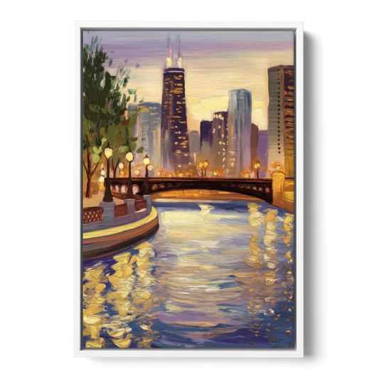 Chicago Riverwalk Charm - White Framed Canvas Wall Art - Front