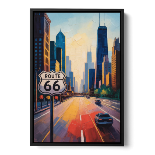 Chicago Route 66 Begins Here - Black Framed Canvas Wall Art - Front