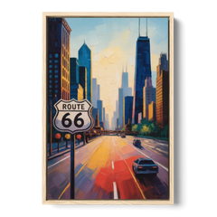 Chicago Route 66 Begins Here - Oak Framed Canvas Wall Art - Front