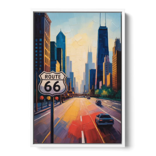 Chicago Route 66 Begins Here - White Framed Canvas Wall Art - Front