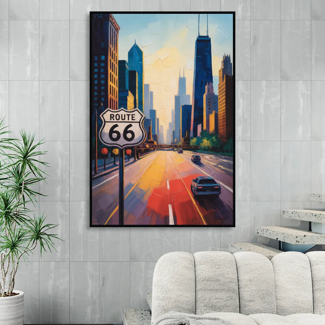 Chicago Route 66 Begins Here Sitting Room - Black Canvas Wall Art