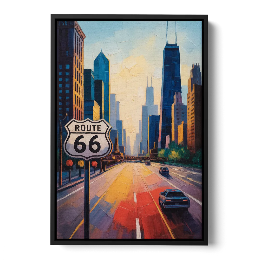 Chicago Route 66 Begins Here Front - Black Canvas Wall Art