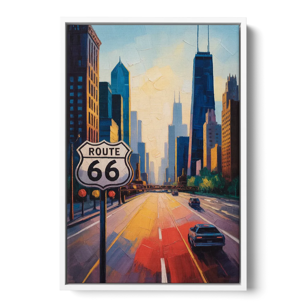 Chicago Route 66 Begins Here - White Frame Canvas