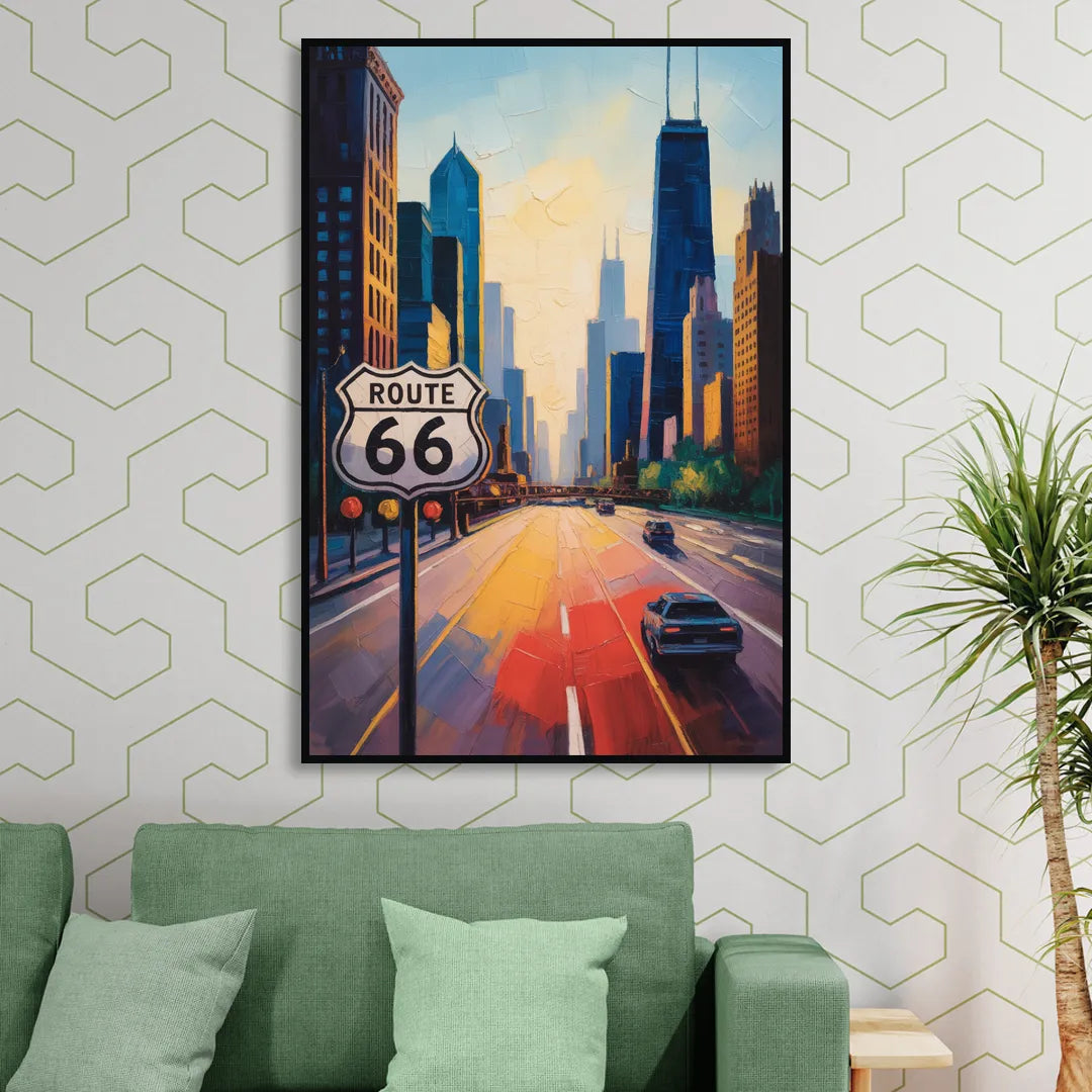 Chicago Route 66 Begins Here Living Room - Black Canvas Wall Art