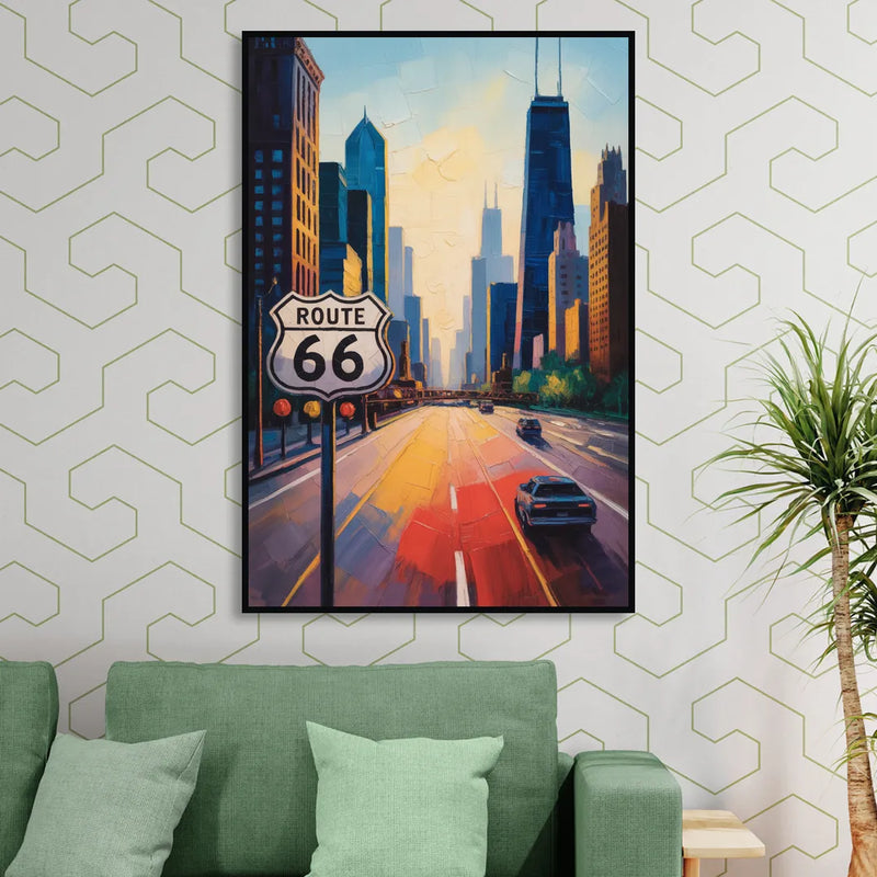 Chicago Route 66 Begins Here Living Room - Black Canvas Wall Art
